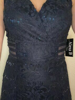 Size 6 Dress Navy Blue Lace Sequin Sleeveless A-Line Cocktail Semi Formal